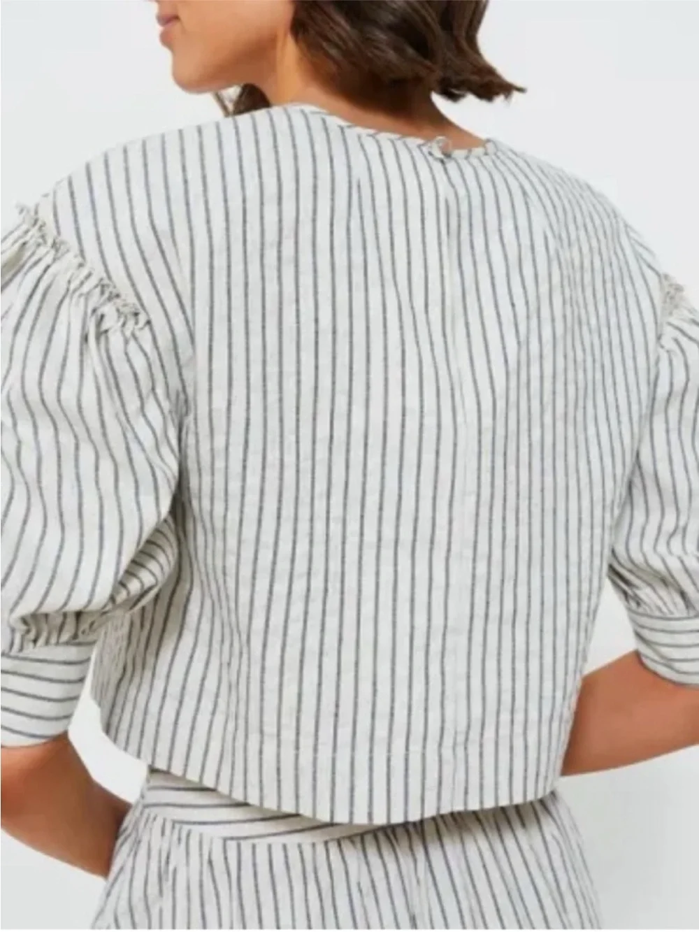 Tuckernuck Stripe Edie Puff Sleeve Top in Blue Linen New Cropped Size Small
